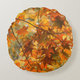 Autumn Leaves Pumpkin Orange Cotton Round Pillow