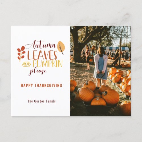 Autumn Leaves Pumpkin Please Photo Thanksgiving Holiday Postcard