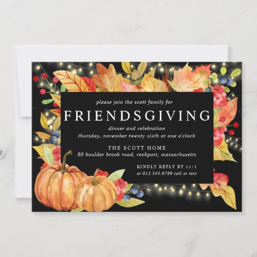 Autumn Leaves Pumpkin String Lights Friendsgiving Invitation