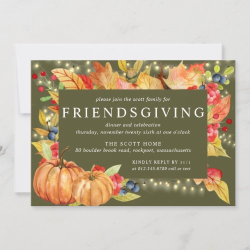 Autumn Leaves Pumpkin String Lights Friendsgiving Invitation