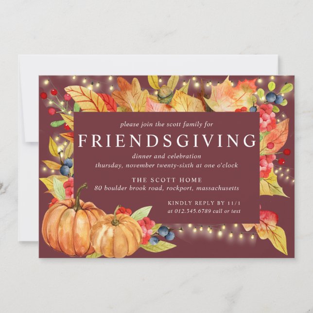 Autumn Leaves Pumpkin String Lights Friendsgiving Invitation (Front)