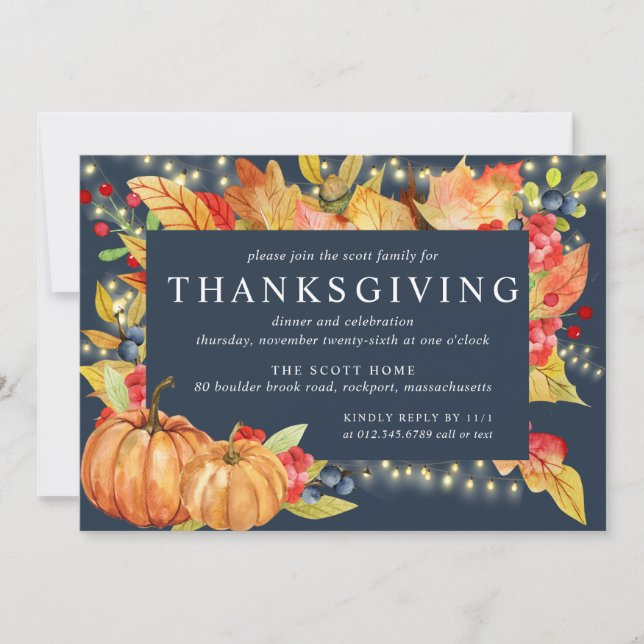 Autumn Leaves Pumpkin String Lights Thanksgiving I Invitation (Front)