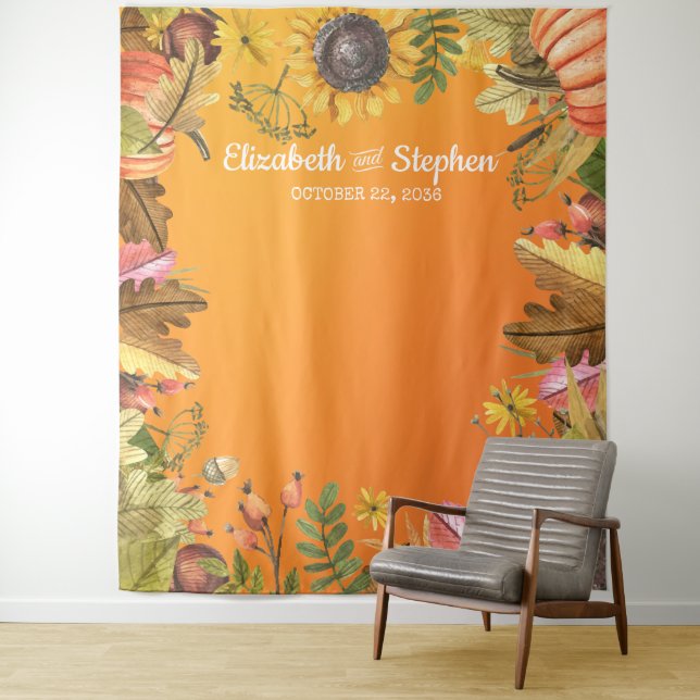 Autumn Leaves Pumpkin Wedding Photo Booth Backdrop (In Situ)