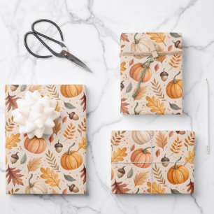 Autumn Leaves Pumpkins Acorns Fall Colors Wrapping Paper Sheets