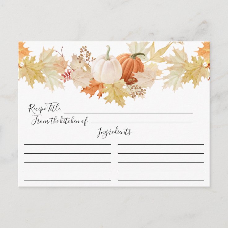 Autumn Leaves Pumpkins Floral Recipe Card | Zazzle