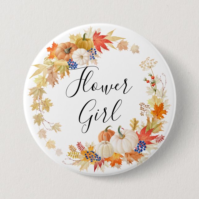Autumn Leaves Pumpkins Flower Girl Button (Front)