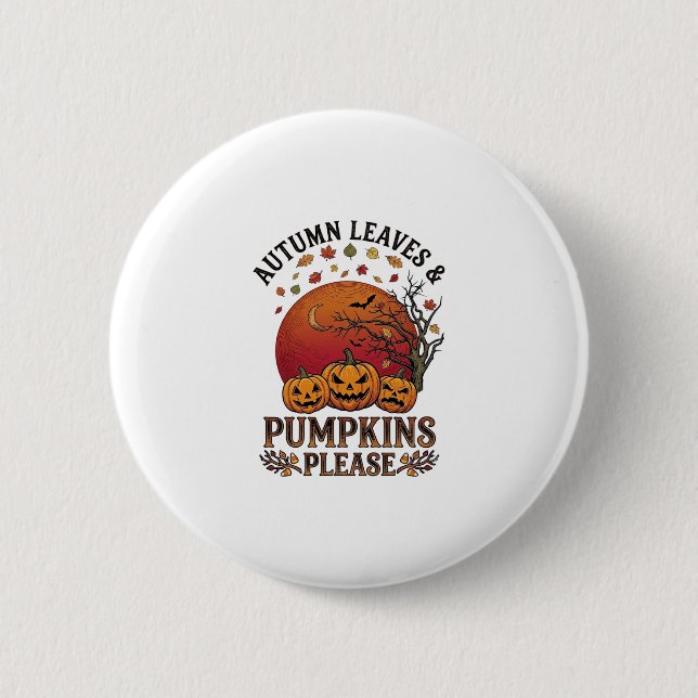 Autumn Leaves Pumpkins Please Halloween Bats Trees Button (Front)