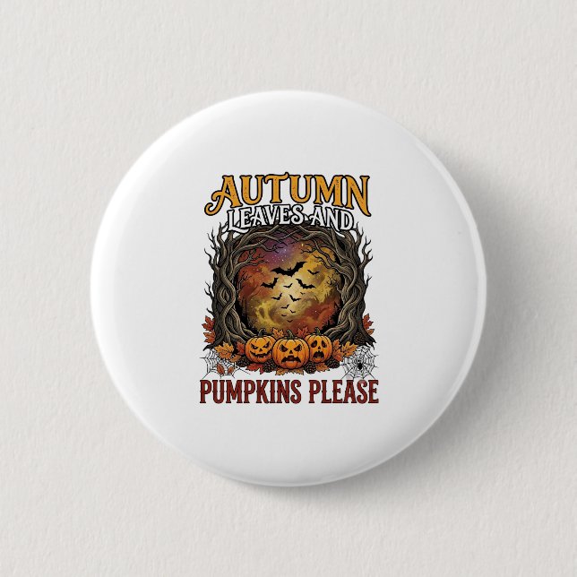 Autumn Leaves Pumpkins Please Halloween Spooky Tre Button (Front)