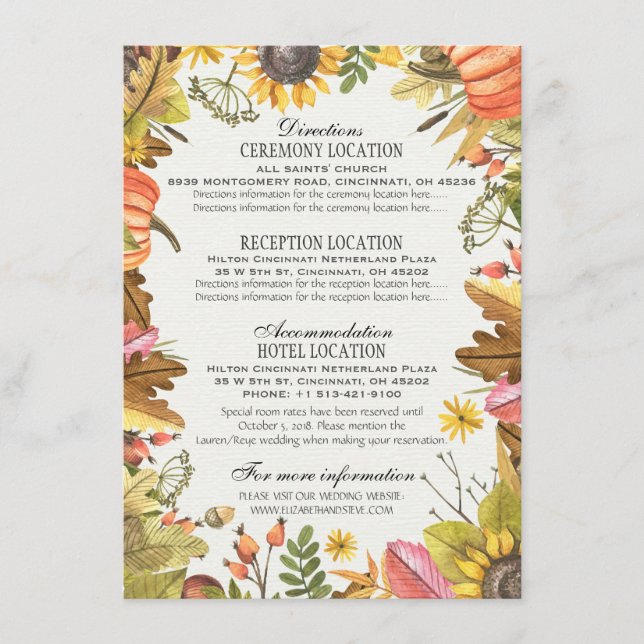 Autumn Leaves Pumpkins Wedding Details Information Enclosure Card (Front)