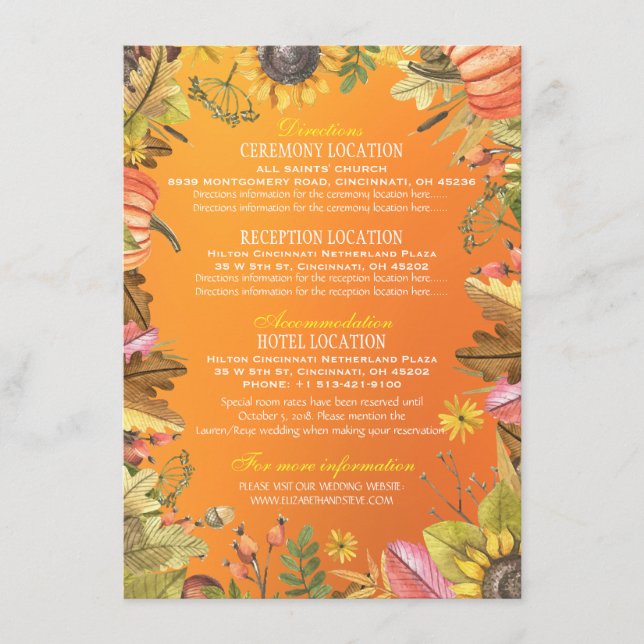 Autumn Leaves Pumpkins Wedding Details Information Enclosure Card (Front)