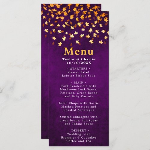 Autumn Leaves Purple and Gold Wedding Menu