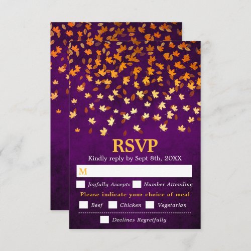 Autumn Leaves Purple Grunge Wedding Meal Choice RSVP Card