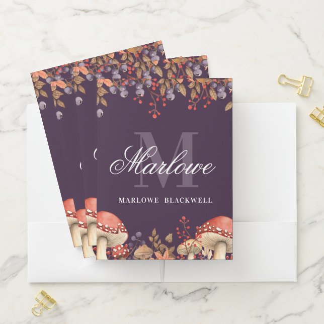 Autumn Leaves Purple White Monogram Script Pocket Folder (In Situ)