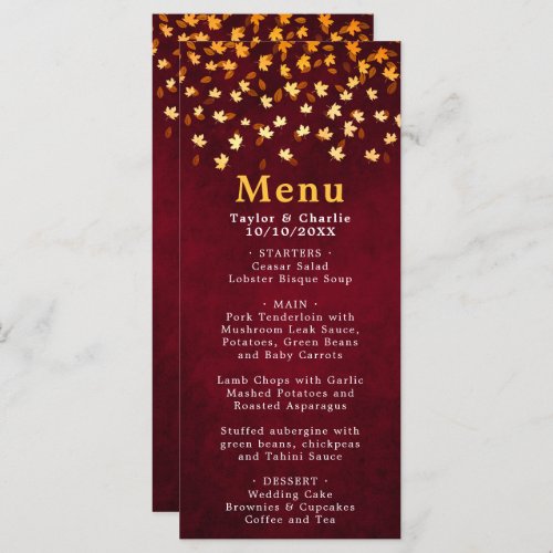 Autumn Leaves Red and Gold Wedding Menu