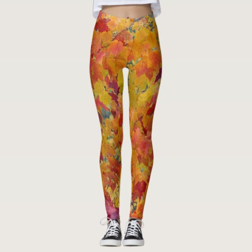 Autumn Leaves Red Gold Orange Botanical Watercolor Leggings