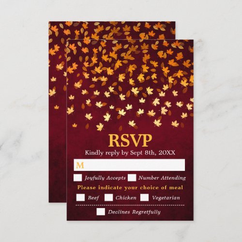 Autumn Leaves Red Grunge Wedding Meal Choice RSVP Card