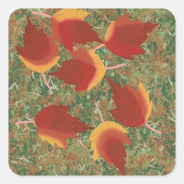 Autumn Leaves Red Maple Abstract on Grass Square Sticker (Front)
