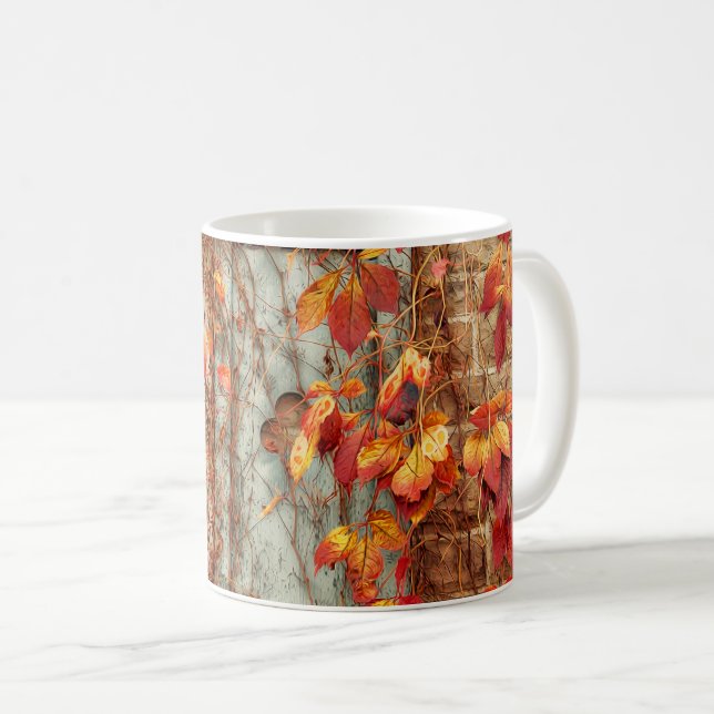 Autumn Leaves Red Orange Country Antique Window Coffee Mug (Front Right)