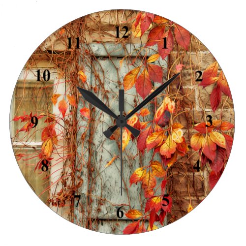Autumn Leaves Red Yellow Country Antique Window Large Clock