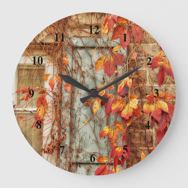 Autumn Leaves Red Yellow Country Antique Window Large Clock (Front)