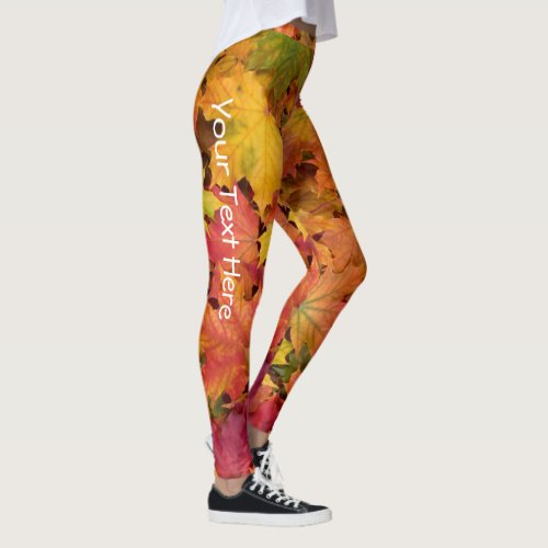 Autumn Leaves Red Yellow Gold Custom Text Leggings