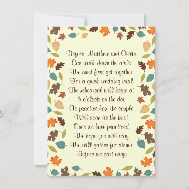 Autumn Leaves Rehearsal Dinner Poem Invitation 4x6 (Front)