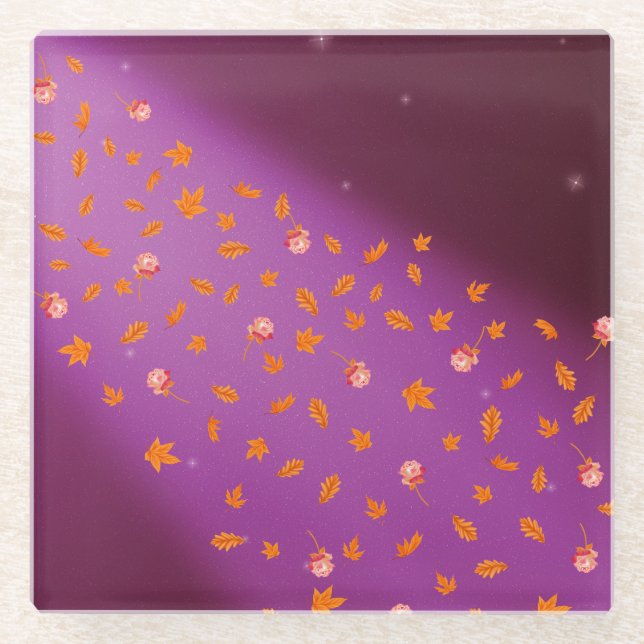 Autumn Leaves Roses Night Sky Glass Coaster (Front)