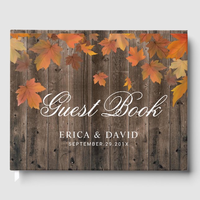 Autumn Leaves Rustic Barn Wood Fall Wedding Guest Book (Front)