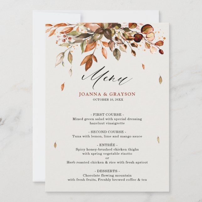 Autumn Leaves Rustic Country Wedding Menu Card (Front)
