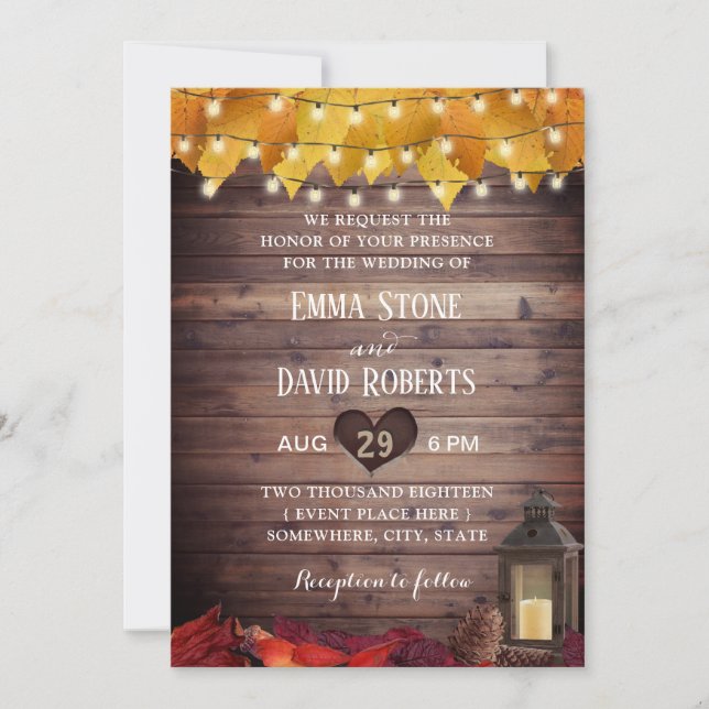 Autumn Leaves Rustic Lantern Fall Wedding Invitation (Front)