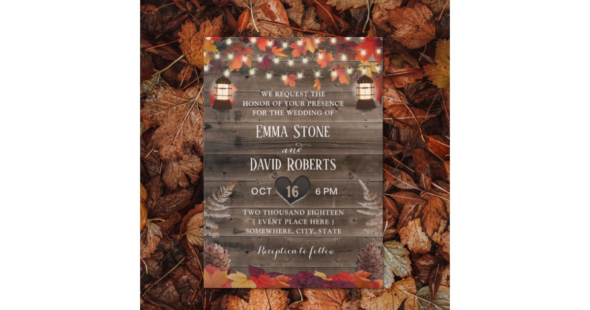 Autumn Leaves Rustic Lantern Fall Wedding Invitation | Zazzle