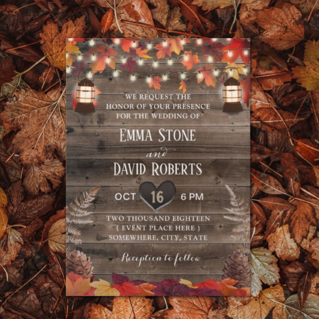 Autumn Leaves Rustic Lantern Fall Wedding Invitation (Creator Uploaded)