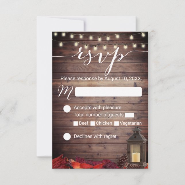 Autumn Leaves Rustic Lantern Fall Wedding RSVP Card (Front)