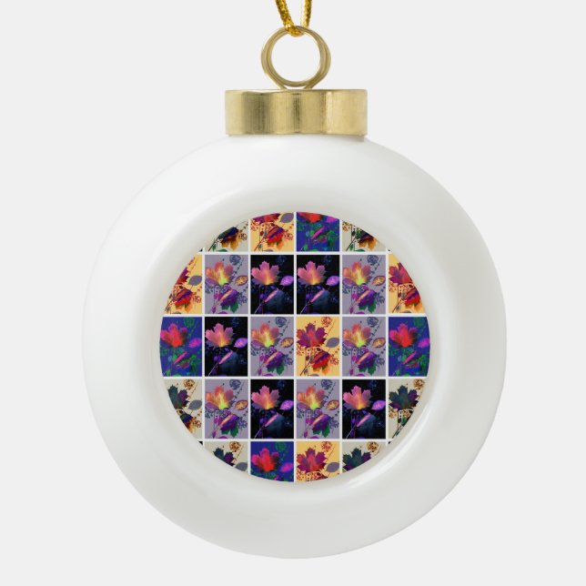 Autumn Leaves Rustic Patchwork Quilt Collage Ceramic Ball Christmas Ornament (Front)