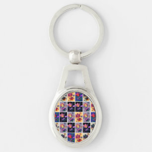 Autumn Leaves Rustic Patchwork Quilt Collage Keychain