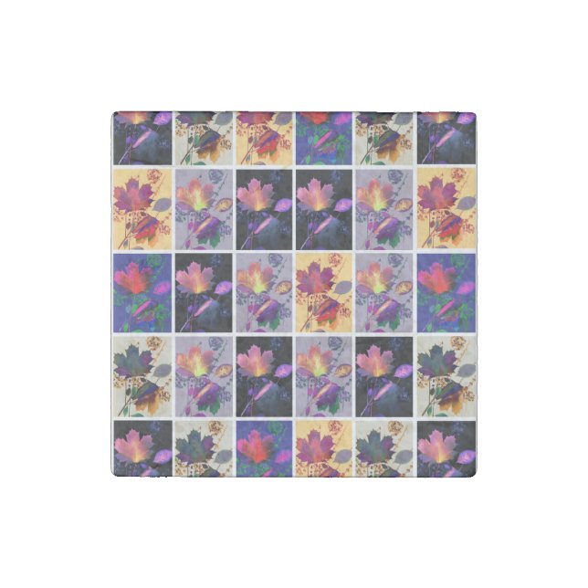 Autumn Leaves Rustic Patchwork Quilt Collage Stone Magnet (Front)