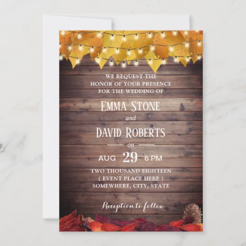 Autumn Leaves Rustic String Lights Fall Wedding Invitation