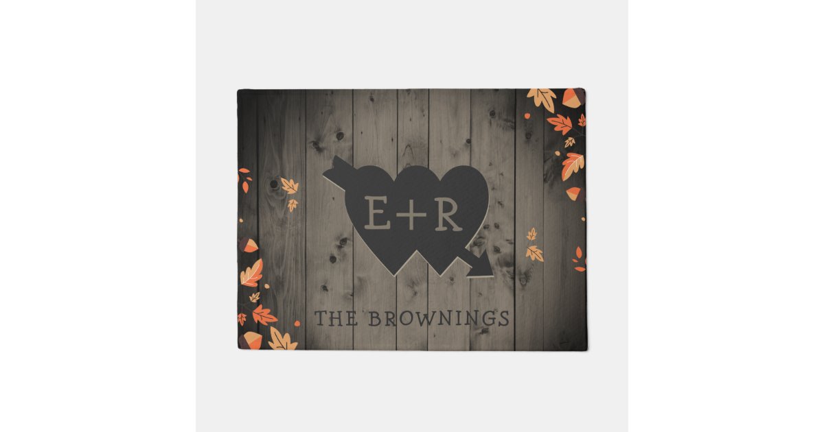 Autumn Leaves Rustic Wood Romantic Hearts Initials Doormat Zazzle Com