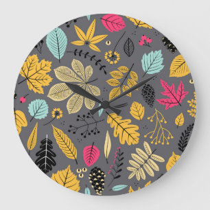 Autumn Leaves: Seamless Dark Pattern Large Clock