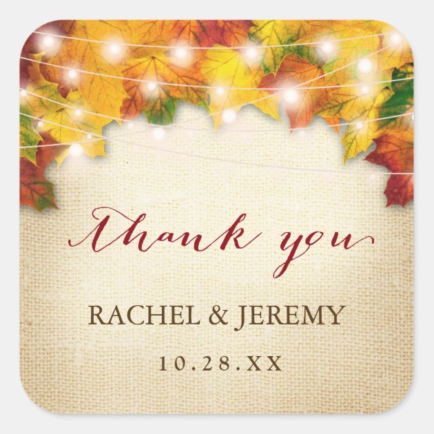 Autumn Leaves String Light Thank You Wedding Favor Square Sticker