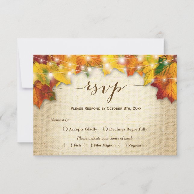 Autumn Leaves String Lights Burlap Wedding RSVP Card (Front)