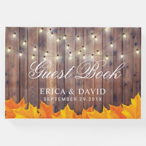Autumn Leaves String Lights Rustic Barn Wedding Guest Book
