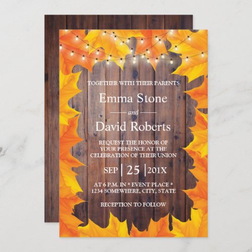 Autumn Leaves String Lights Rustic Barn Wedding Invitation