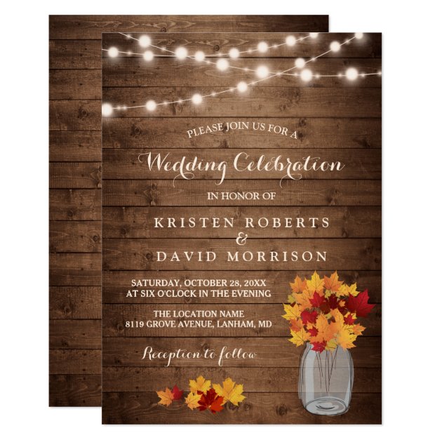 Autumn Leaves String Lights Rustic Fall Wedding Invitation