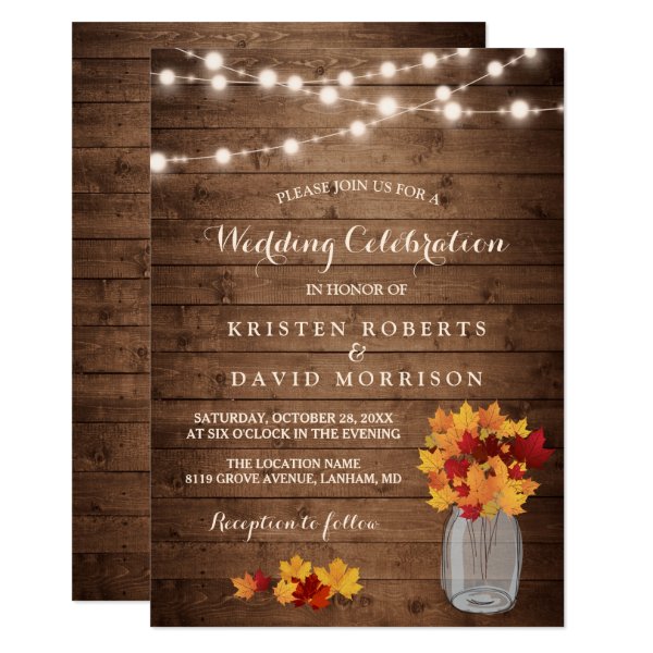 256754211680877278 Autumn Leaves String Lights Rustic Fall Wedding Invitation