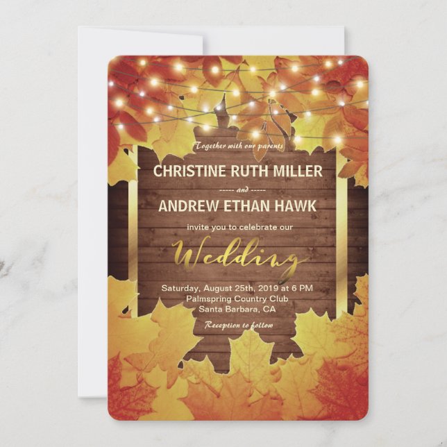 Autumn Leaves String Lights Rustic Fall Wedding Invitation (Front)