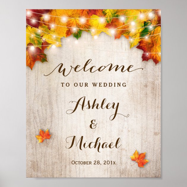 Autumn Leaves String Lights Wedding Welcome Sign