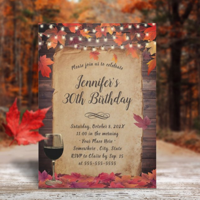 Autumn Leaves String Lights Wine Birthday Party Invitation (Creator Uploaded)