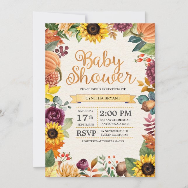 Autumn Leaves Sunflower Fall Baby Shower Invitation (Front)