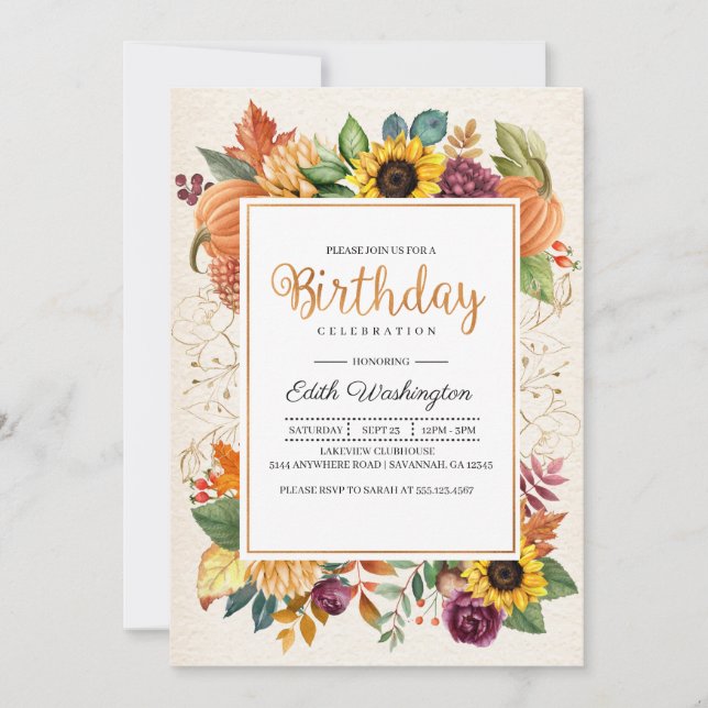 Autumn Leaves Sunflower Fall Birthday Invitation (Front)